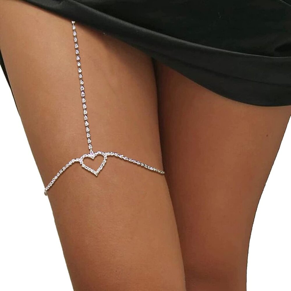 Rhinestone Heart Leg Chain Rhinestone Thigh Silver Crystal Leg Chain Waist Chain - Picture 5 of 6